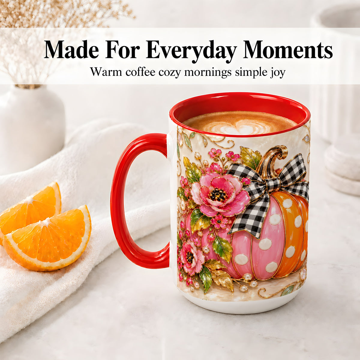 #pl[15oz|Red] Pink Pumpkin Floral Accent Mug, Mug with Gingham Bow Artwork