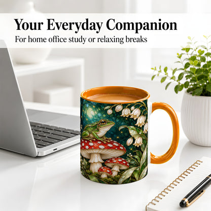 #pl[11oz|Orange] Frog Mushroom Forest Accent Mug, Mug with Woodland Floral Artwork
