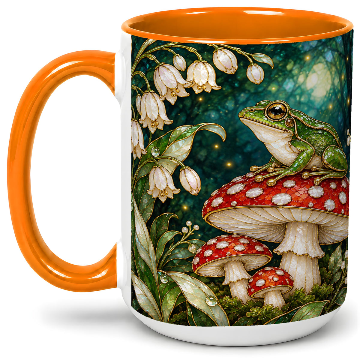 #pl[15oz|Orange] Frog Mushroom Forest Accent Mug, Mug with Woodland Floral Artwork