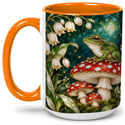 #pl[15oz|Orange] Frog Mushroom Forest Accent Mug, Mug with Woodland Floral Artwork