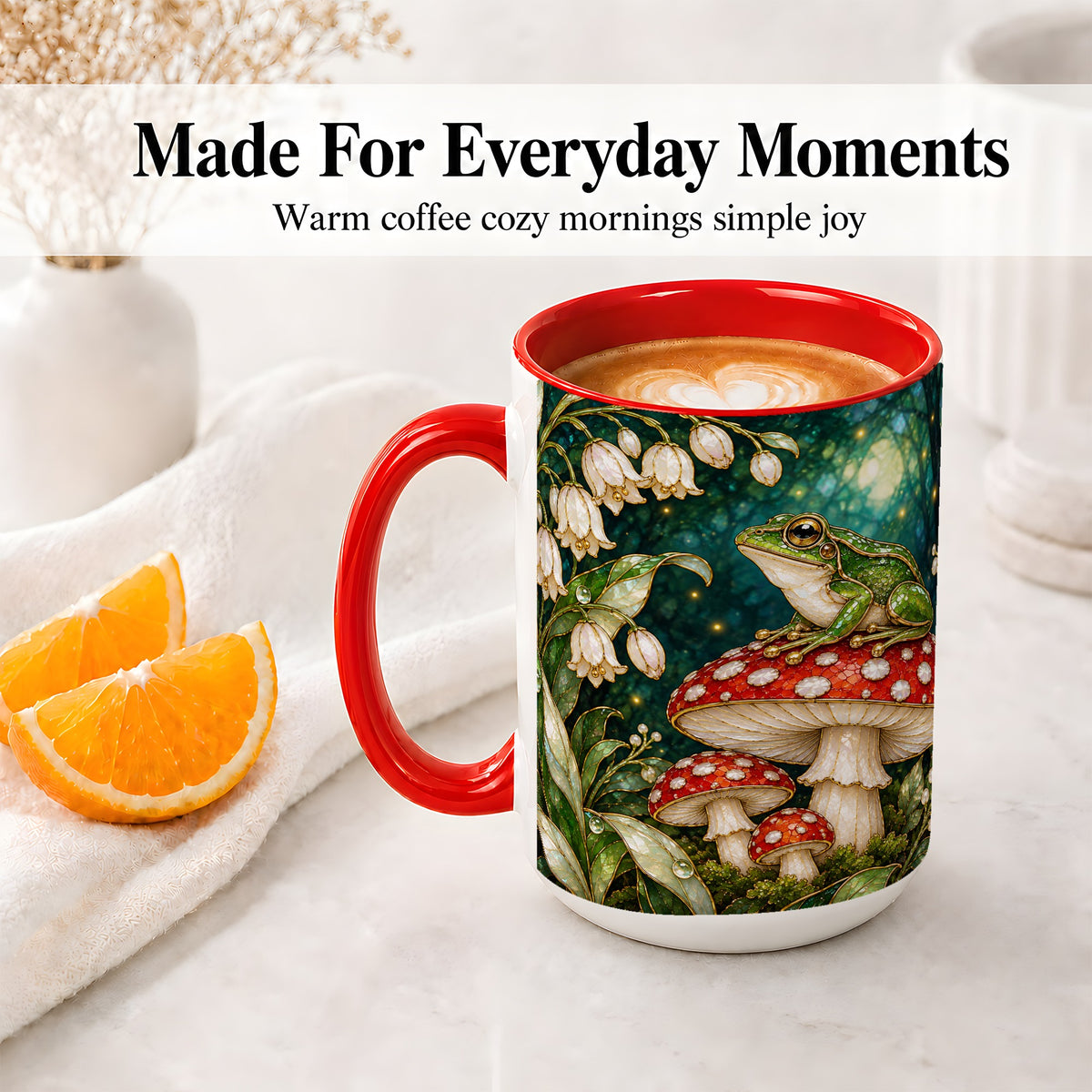 #pl[15oz|Red] Frog Mushroom Forest Accent Mug, Mug with Woodland Floral Artwork