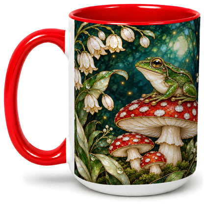 #pl[15oz|Red] Frog Mushroom Forest Accent Mug, Mug with Woodland Floral Artwork