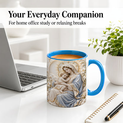 #pl[11oz|Blue] Mary and Child Ceramic Mug with Sacred Lily Floral Artwork