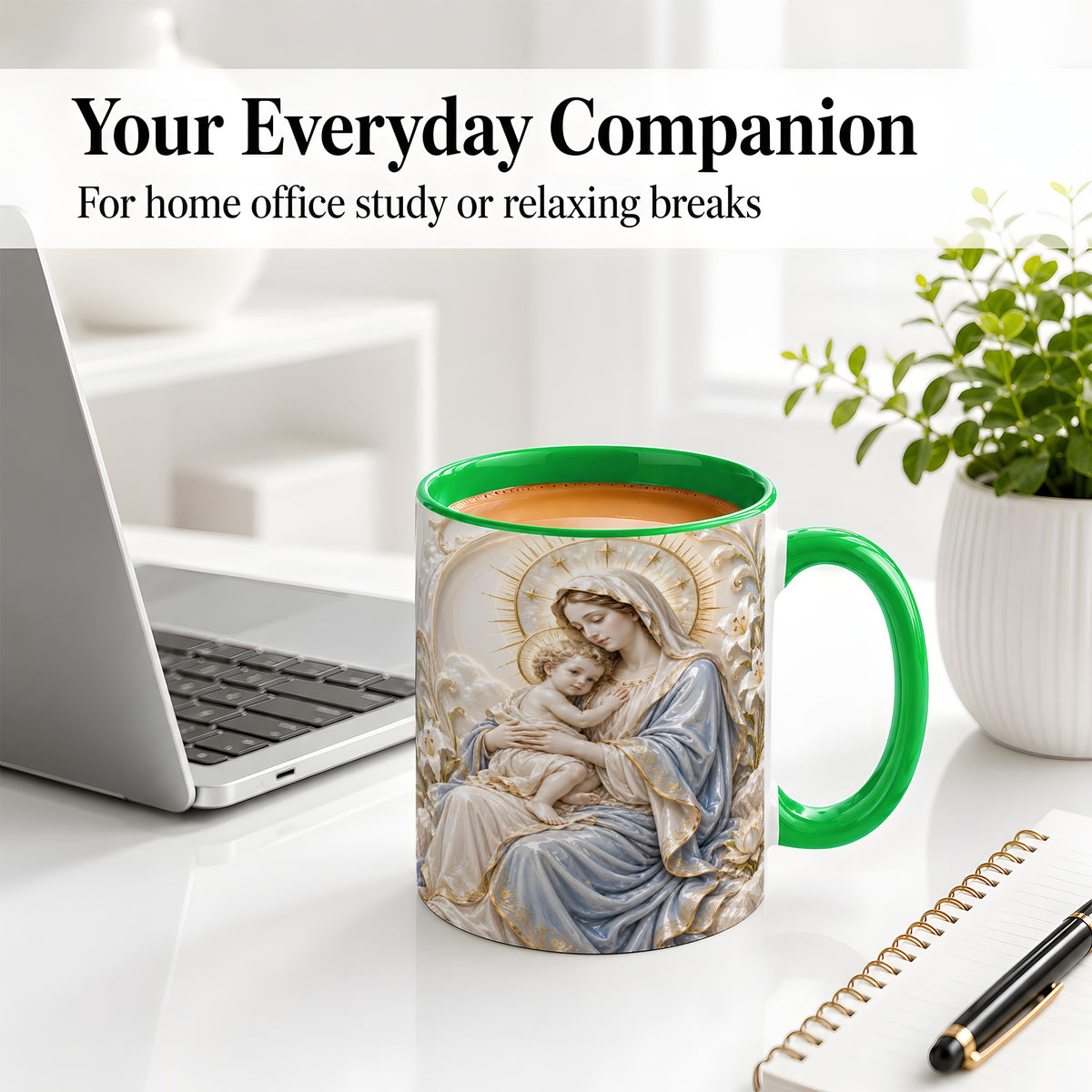 #pl[11oz|Green] Mary and Child Ceramic Mug with Sacred Lily Floral Artwork