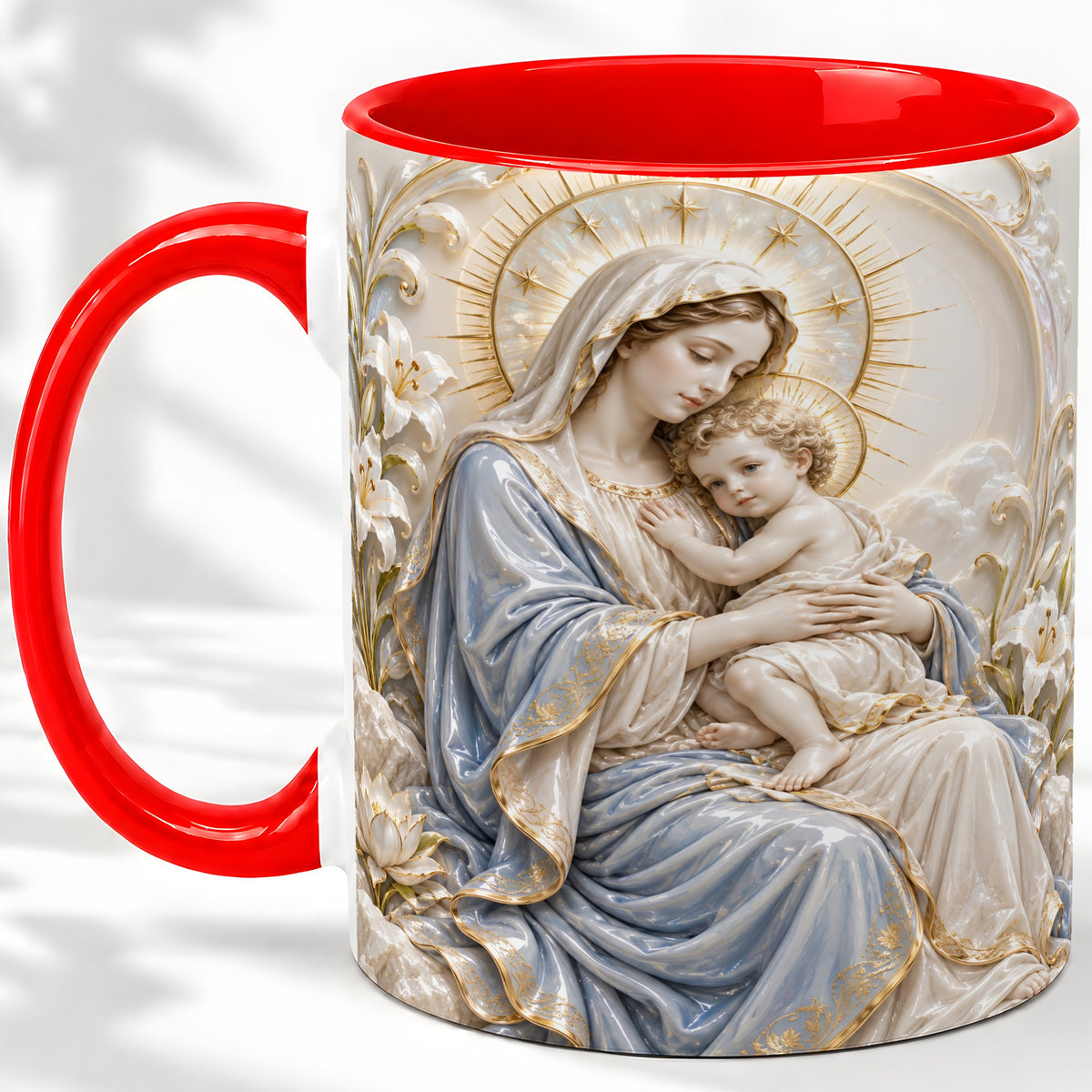 Mary and Child Ceramic Mug with Sacred Lily Floral Artwork