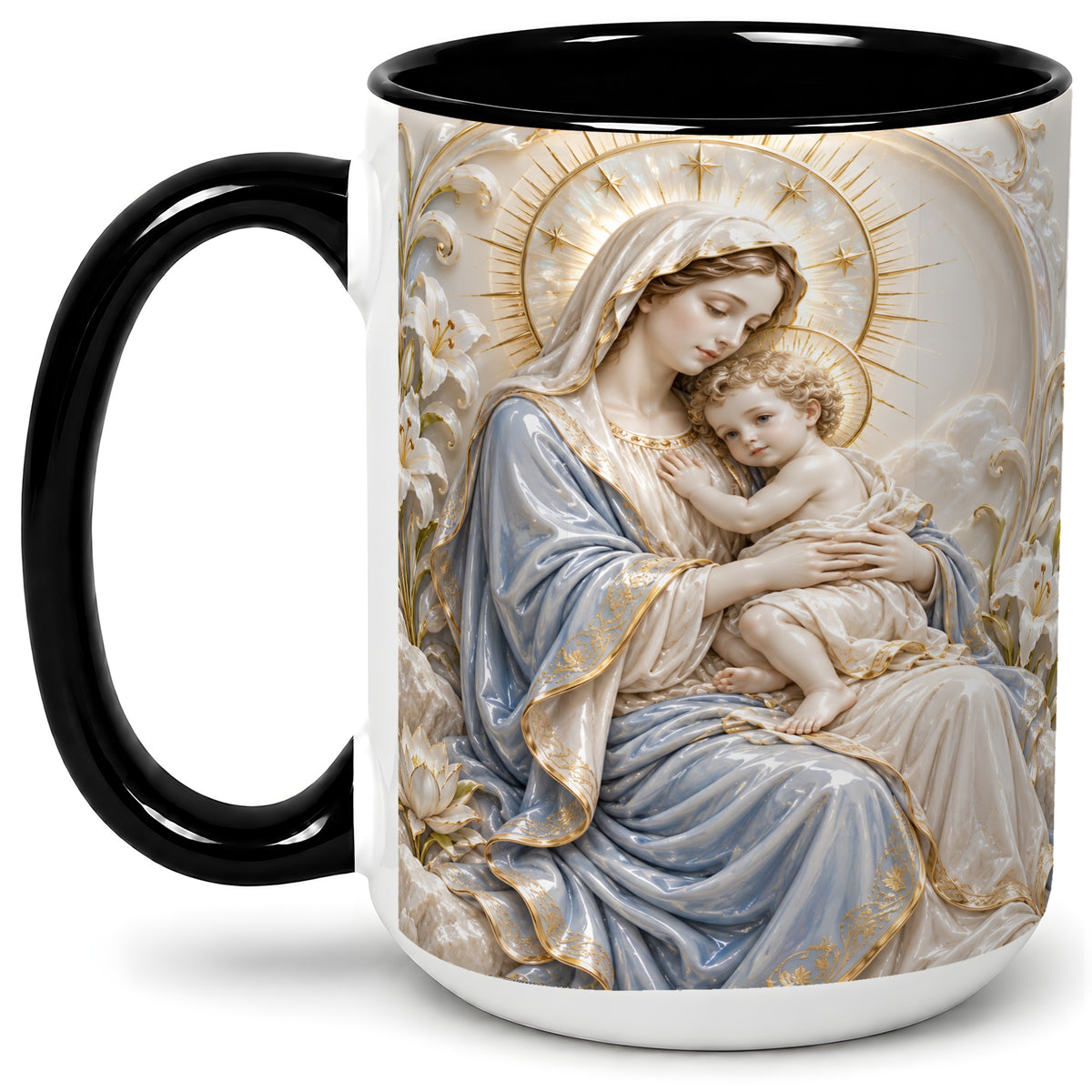 #pl[15oz|Black] Mary and Child Ceramic Mug with Sacred Lily Floral Artwork