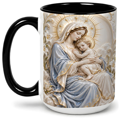 #pl[15oz|Black] Mary and Child Ceramic Mug with Sacred Lily Floral Artwork