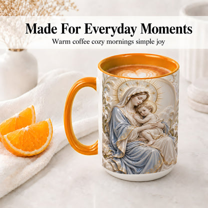 #pl[15oz|Orange] Mary and Child Ceramic Mug with Sacred Lily Floral Artwork