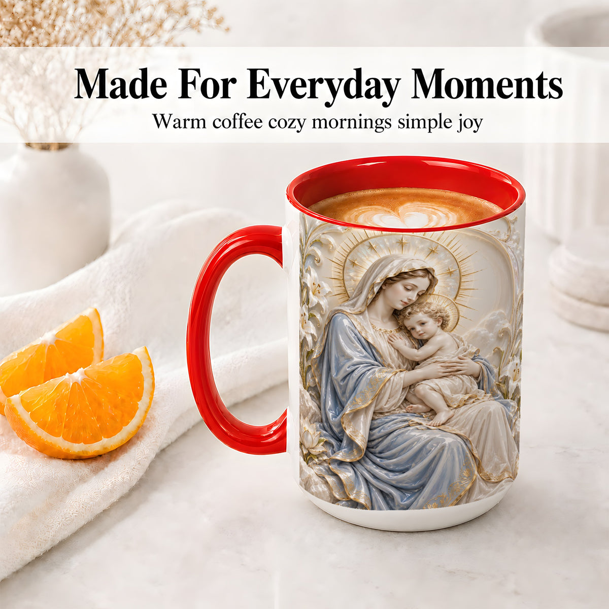 #pl[15oz|Red] Mary and Child Ceramic Mug with Sacred Lily Floral Artwork