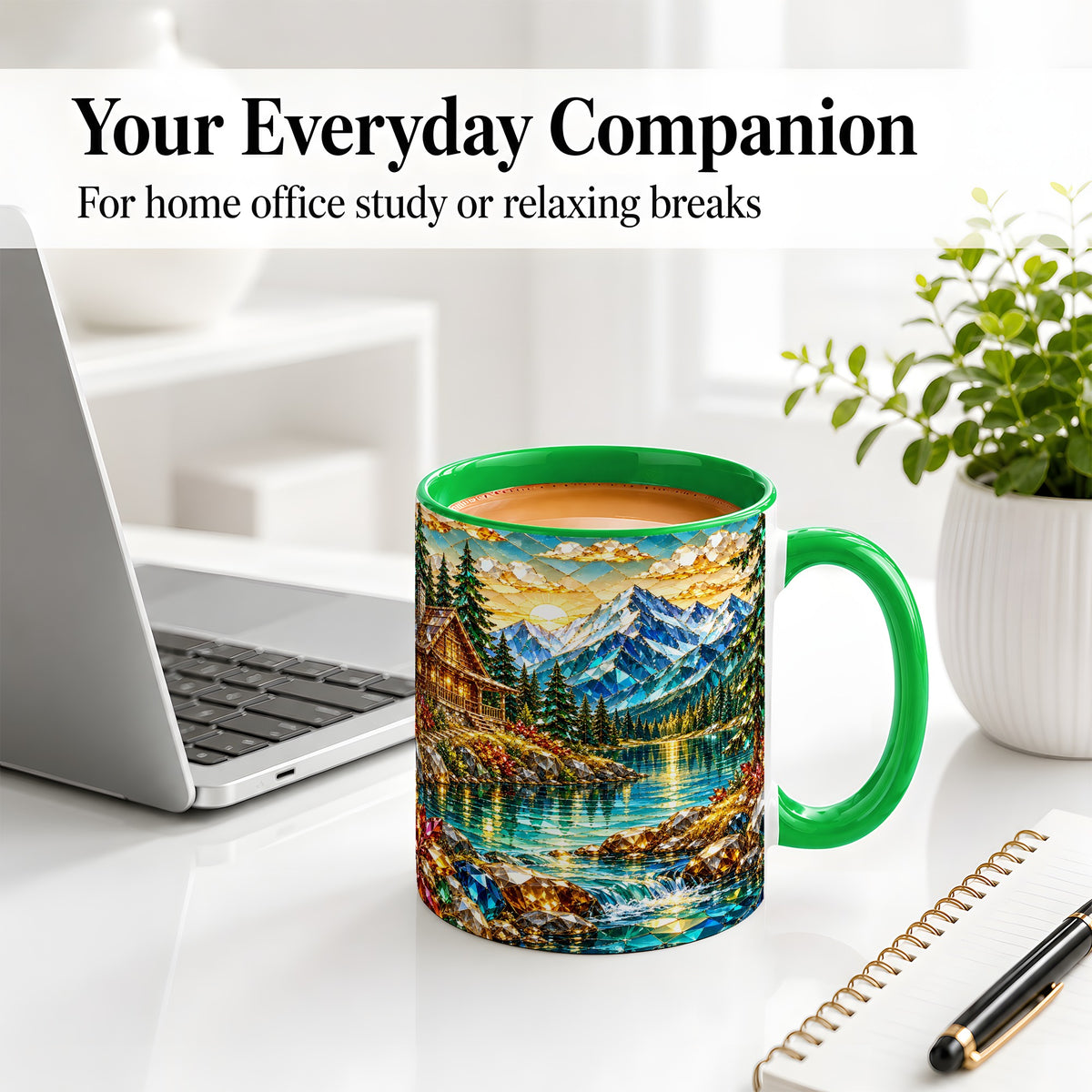 #pl[11oz|Green] Crystal Mountain Cabin Ceramic Mug with Alpine Lake Landscape Art