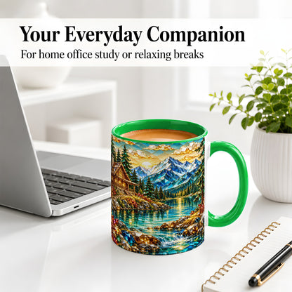 #pl[11oz|Green] Crystal Mountain Cabin Ceramic Mug with Alpine Lake Landscape Art