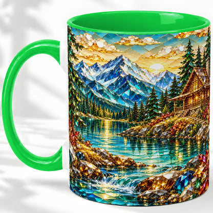 #pl[11oz|Green] Crystal Mountain Cabin Ceramic Mug with Alpine Lake Landscape Art