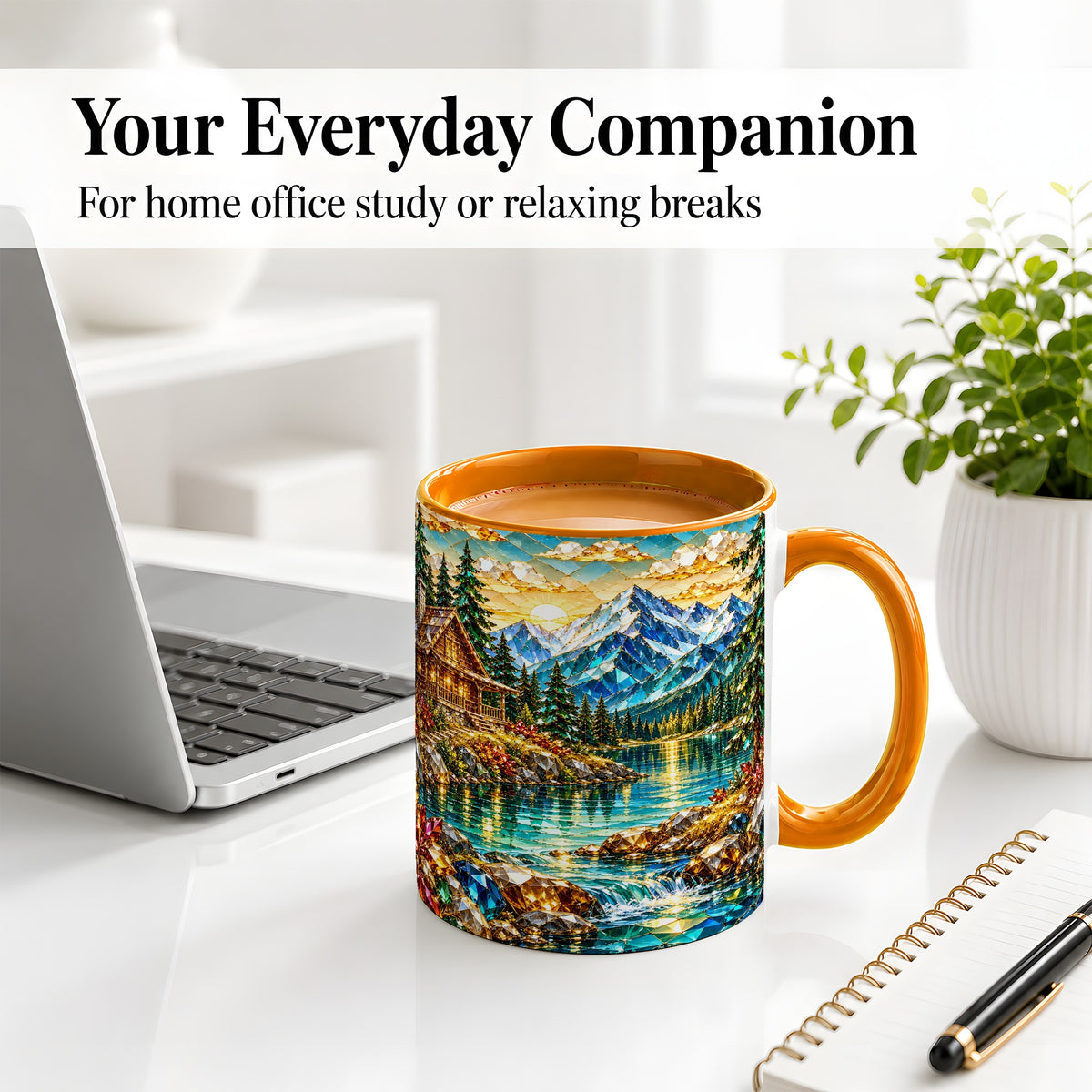 #pl[11oz|Orange] Crystal Mountain Cabin Ceramic Mug with Alpine Lake Landscape Art