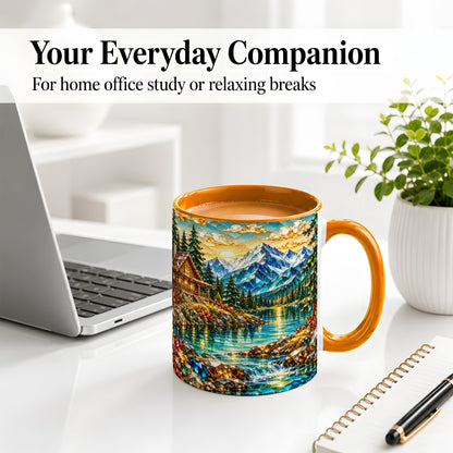 #pl[11oz|Orange] Crystal Mountain Cabin Ceramic Mug with Alpine Lake Landscape Art