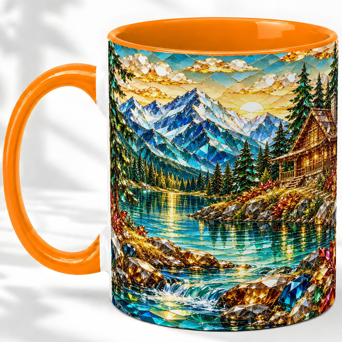 #pl[11oz|Orange] Crystal Mountain Cabin Ceramic Mug with Alpine Lake Landscape Art
