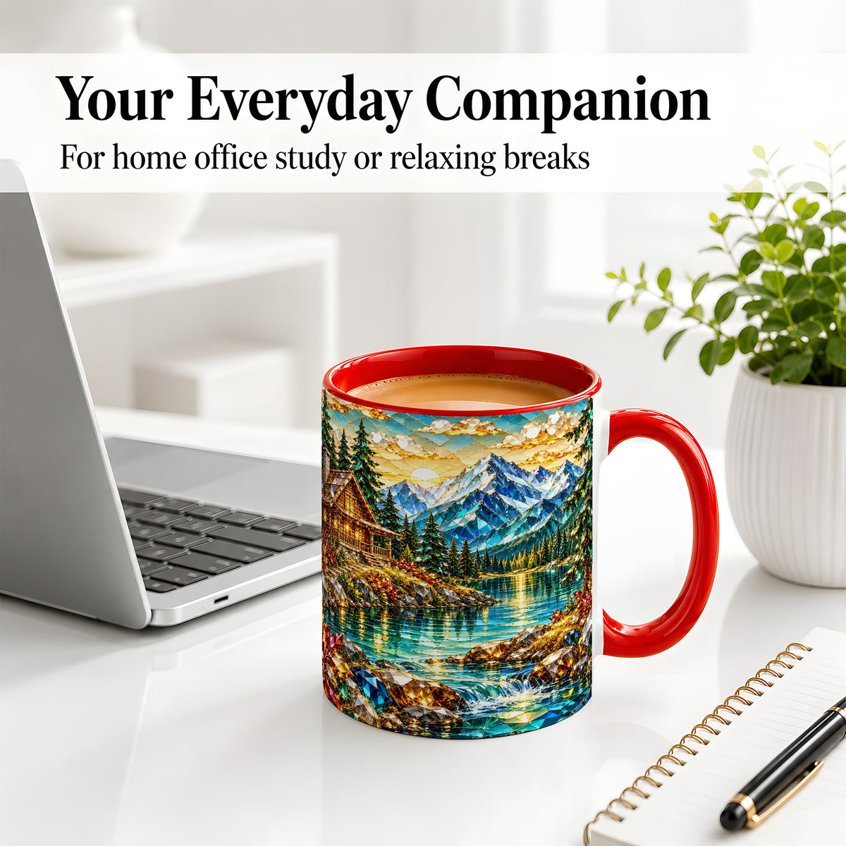 #pl[11oz|Red] Crystal Mountain Cabin Ceramic Mug with Alpine Lake Landscape Art