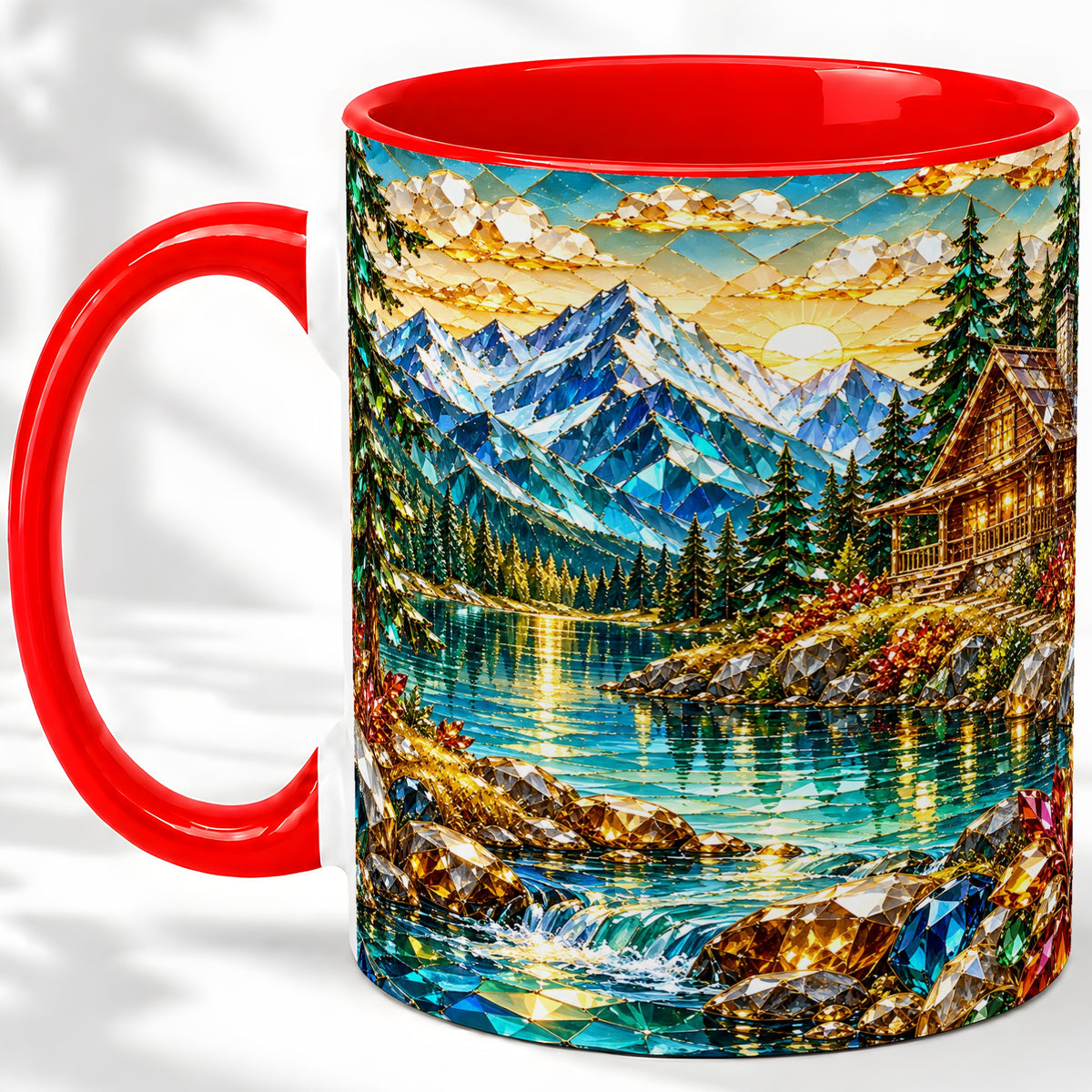 Crystal Mountain Cabin Ceramic Mug with Alpine Lake Landscape Art