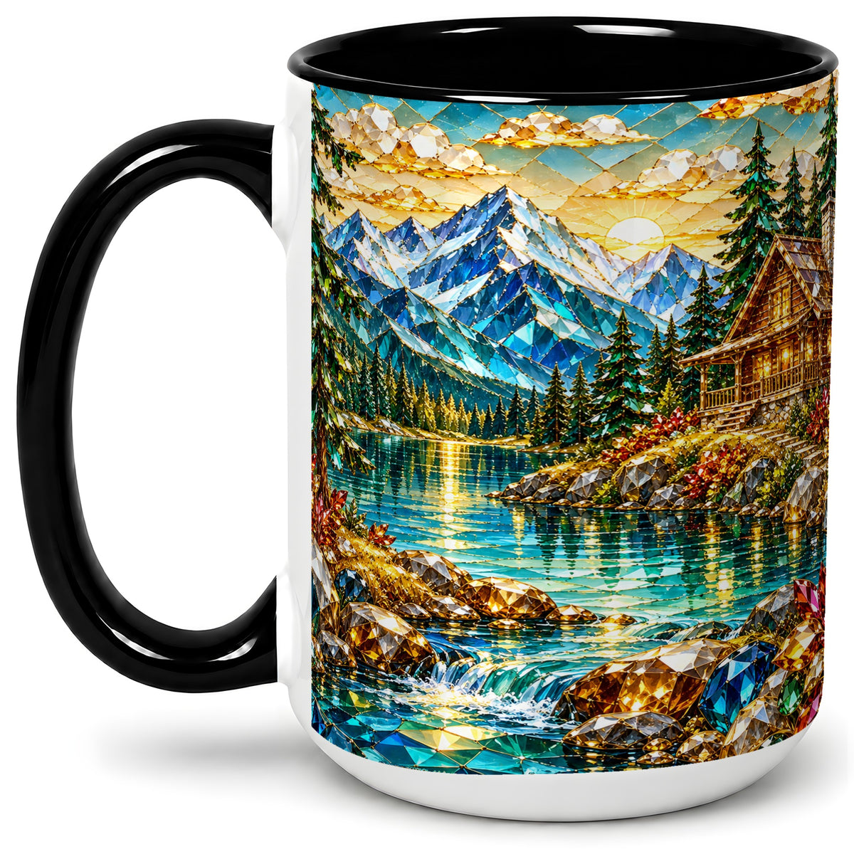 #pl[15oz|Black] Crystal Mountain Cabin Ceramic Mug with Alpine Lake Landscape Art