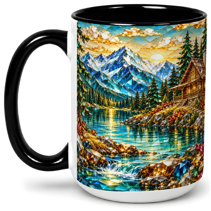 #pl[15oz|Black] Crystal Mountain Cabin Ceramic Mug with Alpine Lake Landscape Art
