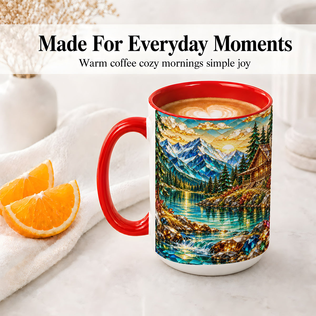 #pl[15oz|Red] Crystal Mountain Cabin Ceramic Mug with Alpine Lake Landscape Art