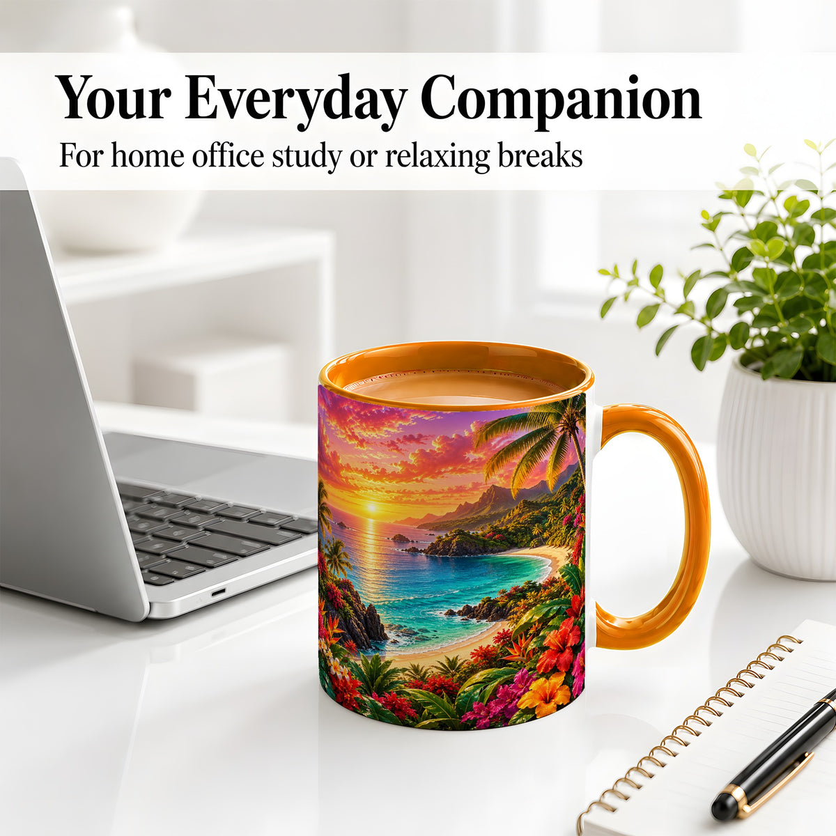 #pl[11oz|Orange] Tropical Sunset Ceramic Mug with Beach and Floral Landscape Art