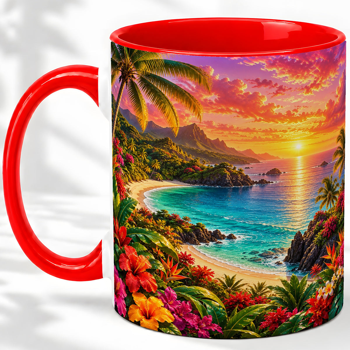 Tropical Sunset Ceramic Mug with Beach and Floral Landscape Art