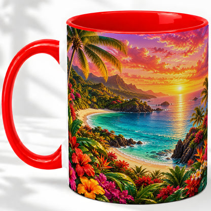 Tropical Sunset Ceramic Mug with Beach and Floral Landscape Art
