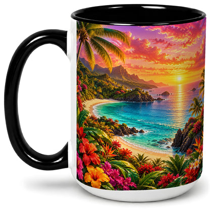 #pl[15oz|Black] Tropical Sunset Ceramic Mug with Beach and Floral Landscape Art