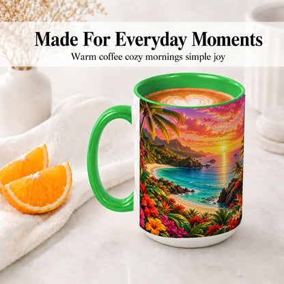 #pl[15oz|Green] Tropical Sunset Ceramic Mug with Beach and Floral Landscape Art