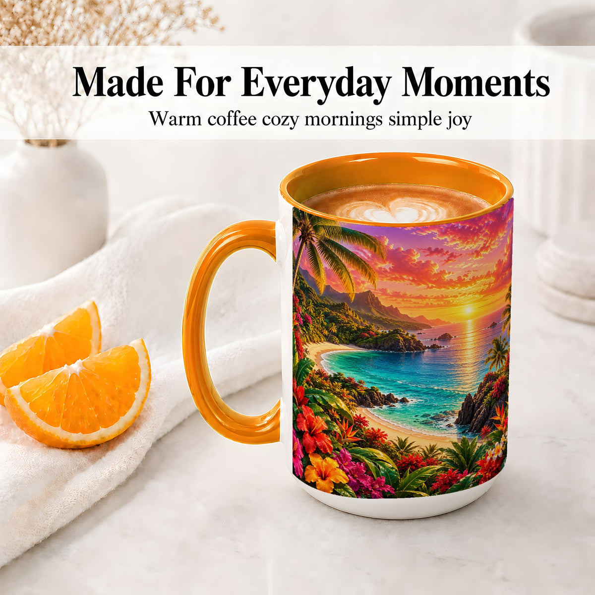 #pl[15oz|Orange] Tropical Sunset Ceramic Mug with Beach and Floral Landscape Art