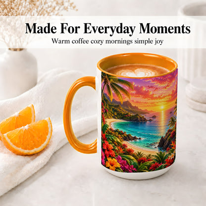 #pl[15oz|Orange] Tropical Sunset Ceramic Mug with Beach and Floral Landscape Art