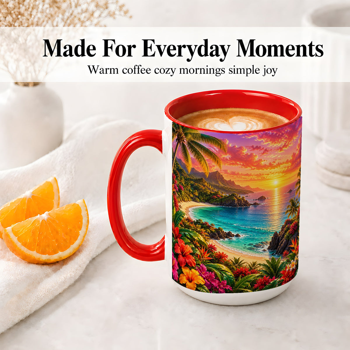 #pl[15oz|Red] Tropical Sunset Ceramic Mug with Beach and Floral Landscape Art