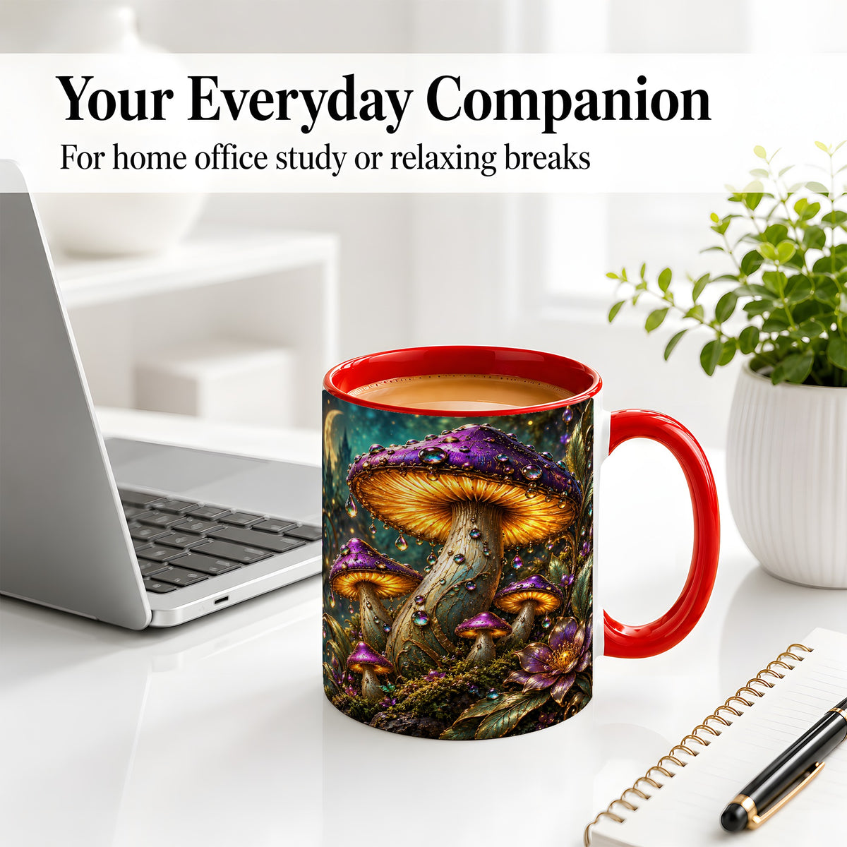 #pl[11oz|Red] Enchanted Mushroom Ceramic Mug with Glowing Fantasy Forest Art