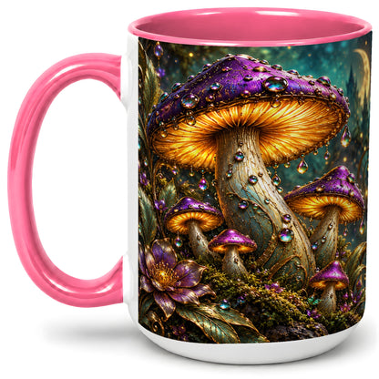 #pl[15oz|Pink] Enchanted Mushroom Ceramic Mug with Glowing Fantasy Forest Art