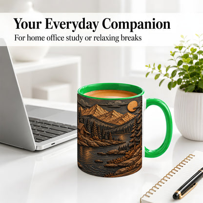 #pl[11oz|Green] Rustic Mountain Cabin Ceramic Mug with Woodland Lake Landscape Art