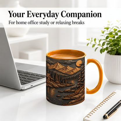 #pl[11oz|Orange] Rustic Mountain Cabin Ceramic Mug with Woodland Lake Landscape Art