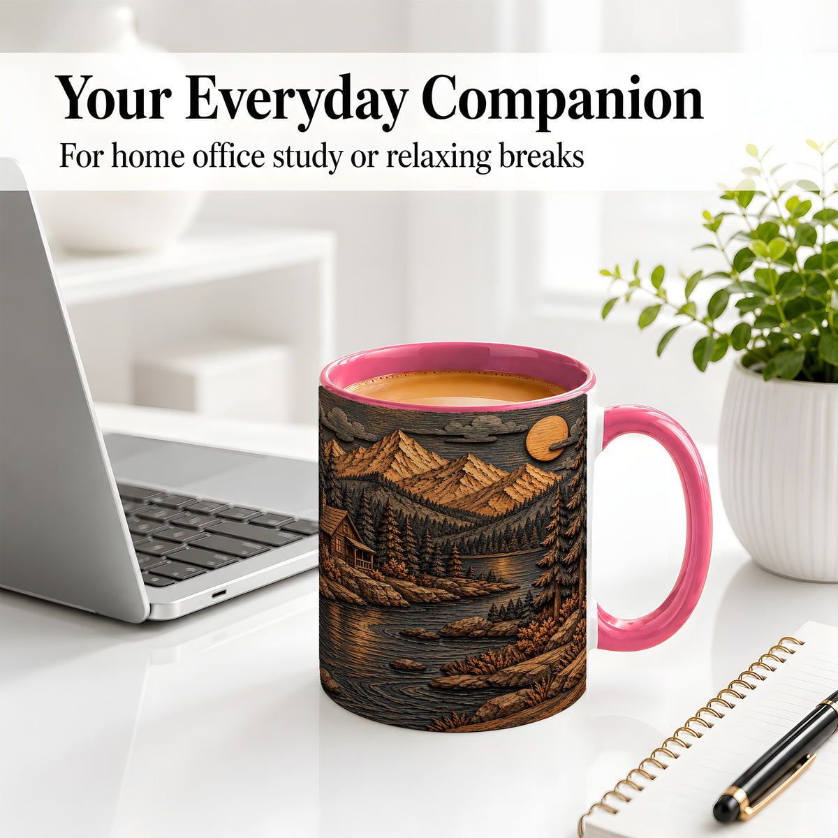 #pl[11oz|Pink] Rustic Mountain Cabin Ceramic Mug with Woodland Lake Landscape Art