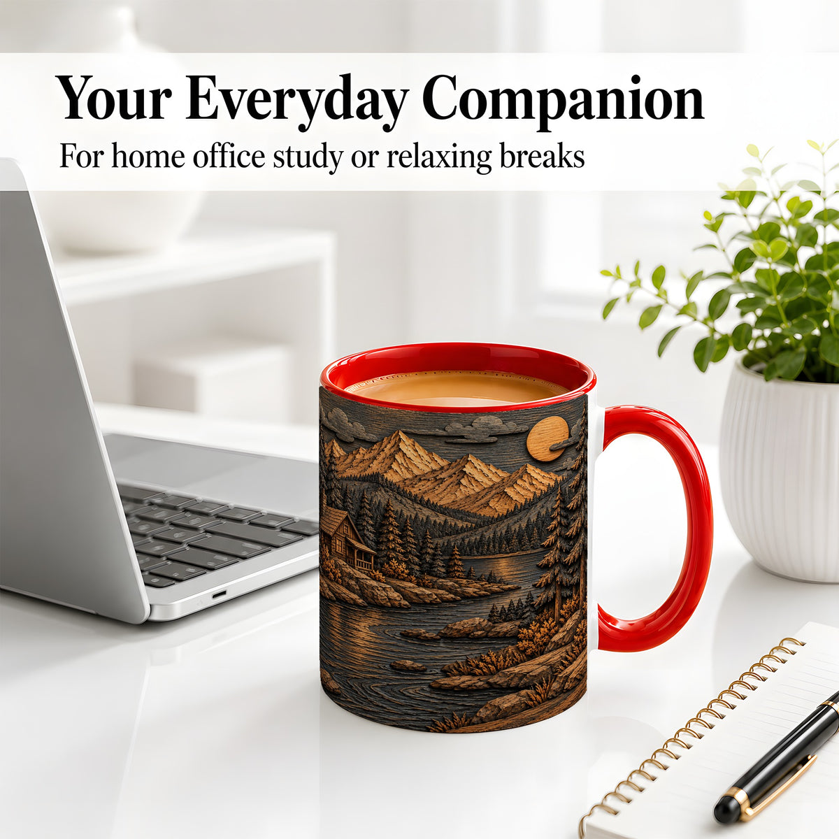 #pl[11oz|Red] Rustic Mountain Cabin Ceramic Mug with Woodland Lake Landscape Art