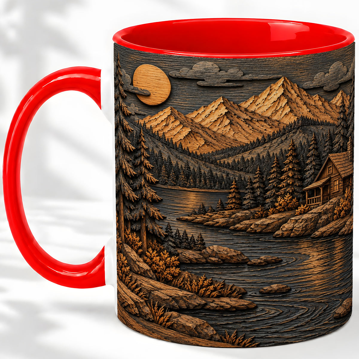 Rustic Mountain Cabin Ceramic Mug with Woodland Lake Landscape Art