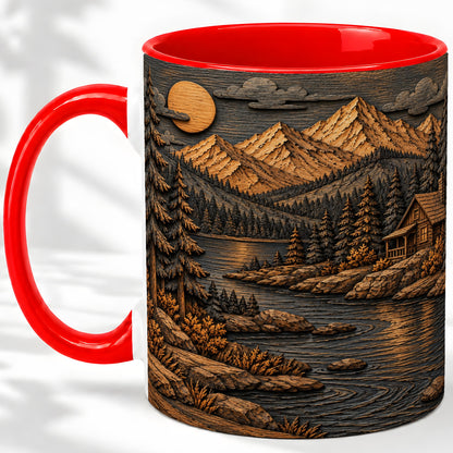 Rustic Mountain Cabin Ceramic Mug with Woodland Lake Landscape Art