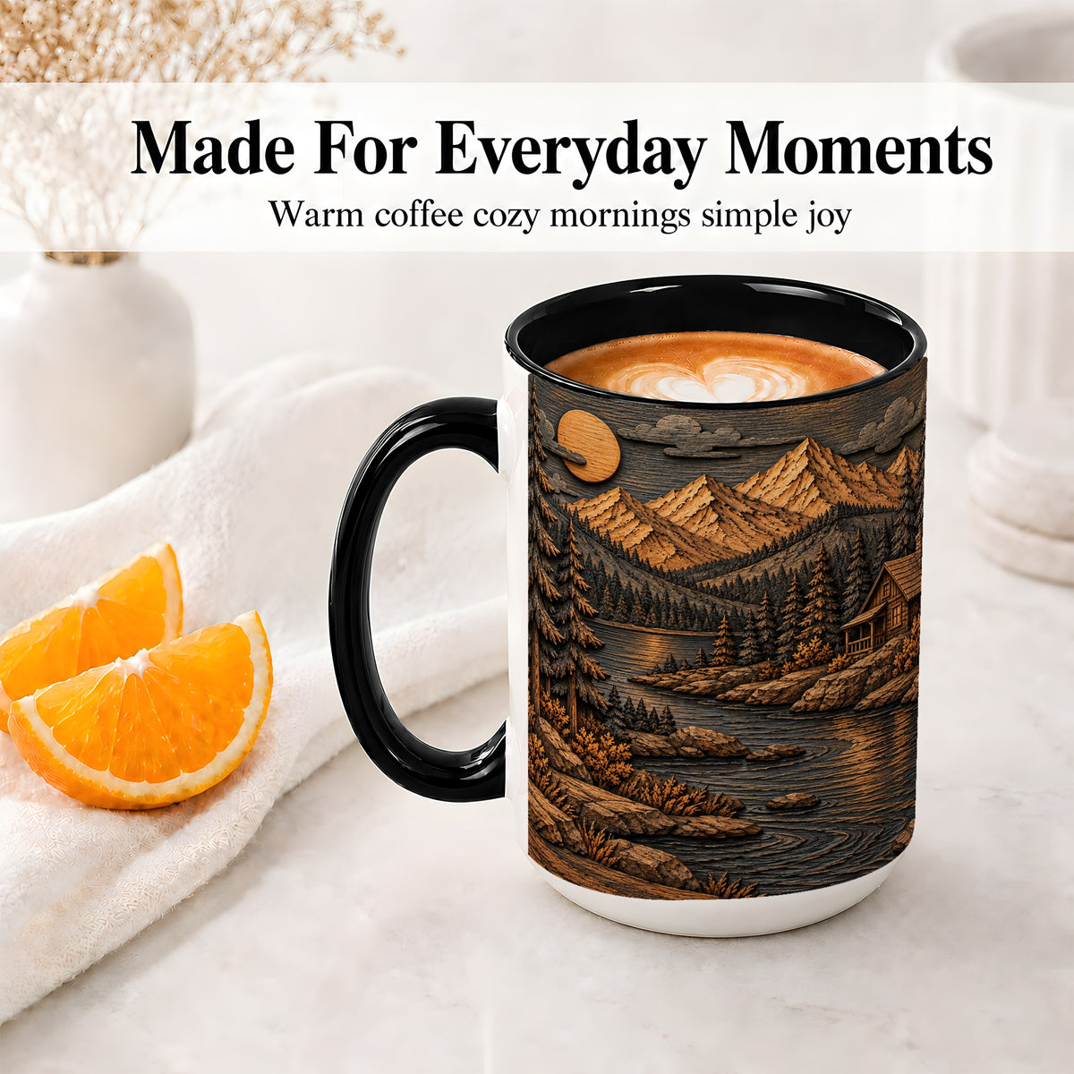 #pl[15oz|Black] Rustic Mountain Cabin Ceramic Mug with Woodland Lake Landscape Art