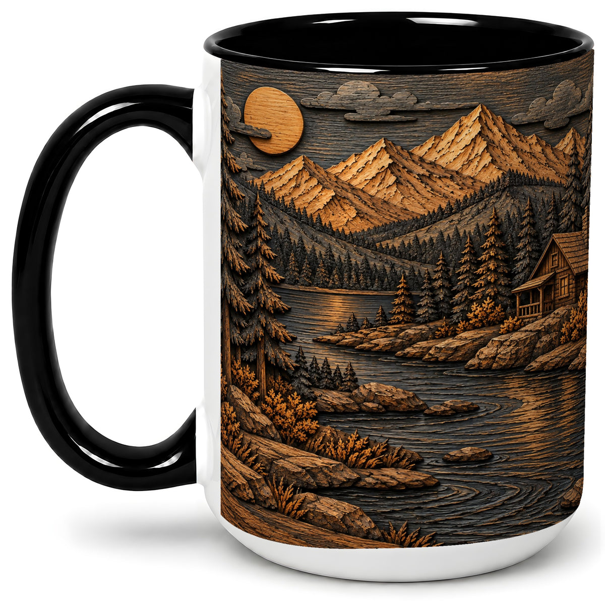 #pl[15oz|Black] Rustic Mountain Cabin Ceramic Mug with Woodland Lake Landscape Art