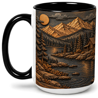 #pl[15oz|Black] Rustic Mountain Cabin Ceramic Mug with Woodland Lake Landscape Art