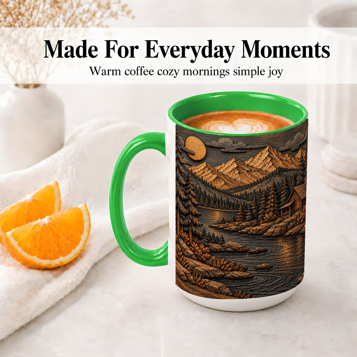 #pl[15oz|Green] Rustic Mountain Cabin Ceramic Mug with Woodland Lake Landscape Art