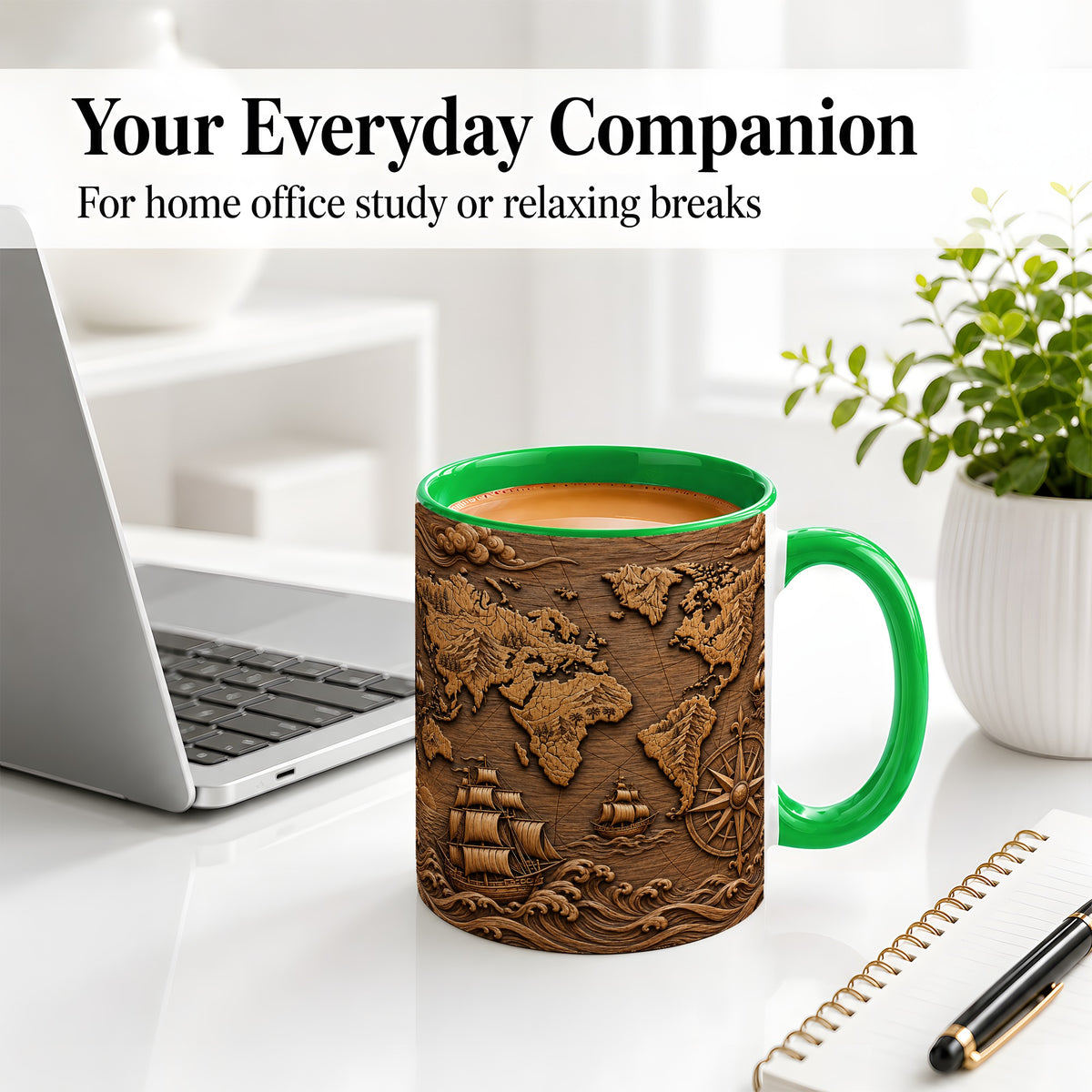 #pl[11oz|Green] Vintage World Map Ceramic Mug with Compass and Sailing Ship Art