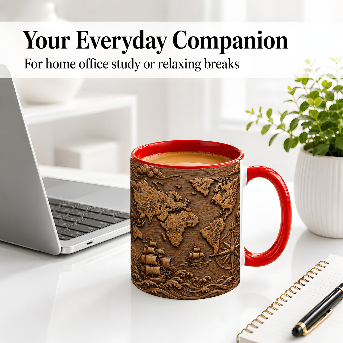 #pl[11oz|Red] Vintage World Map Ceramic Mug with Compass and Sailing Ship Art
