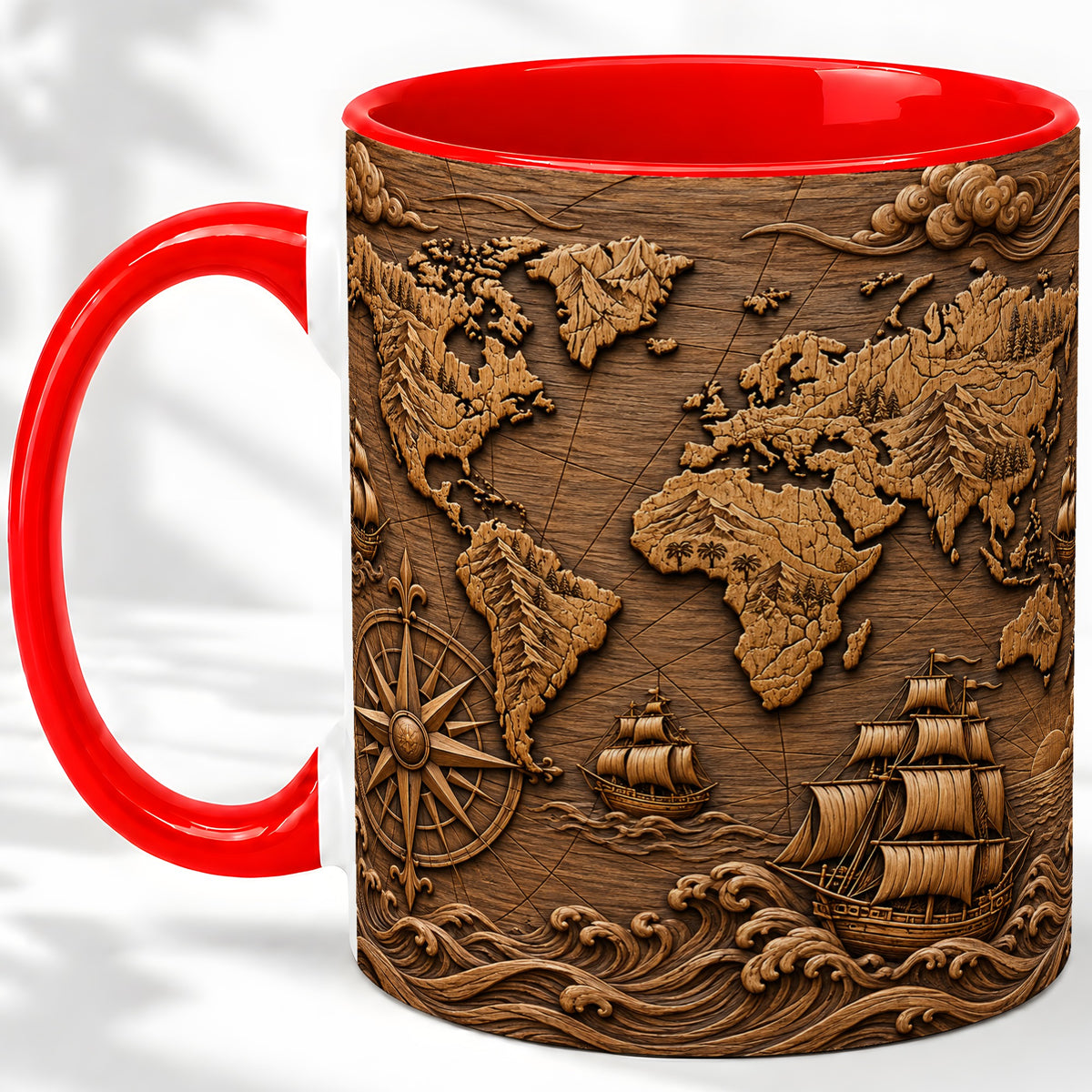Vintage World Map Ceramic Mug with Compass and Sailing Ship Art