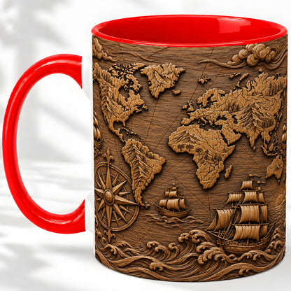 Vintage World Map Ceramic Mug with Compass and Sailing Ship Art