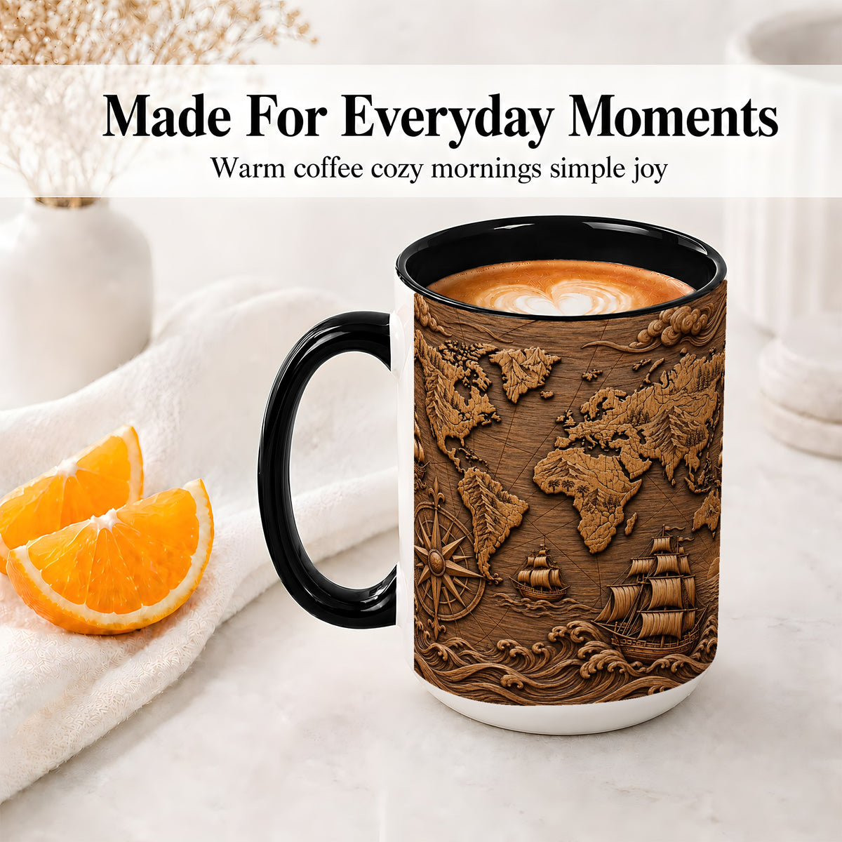 #pl[15oz|Black] Vintage World Map Ceramic Mug with Compass and Sailing Ship Art