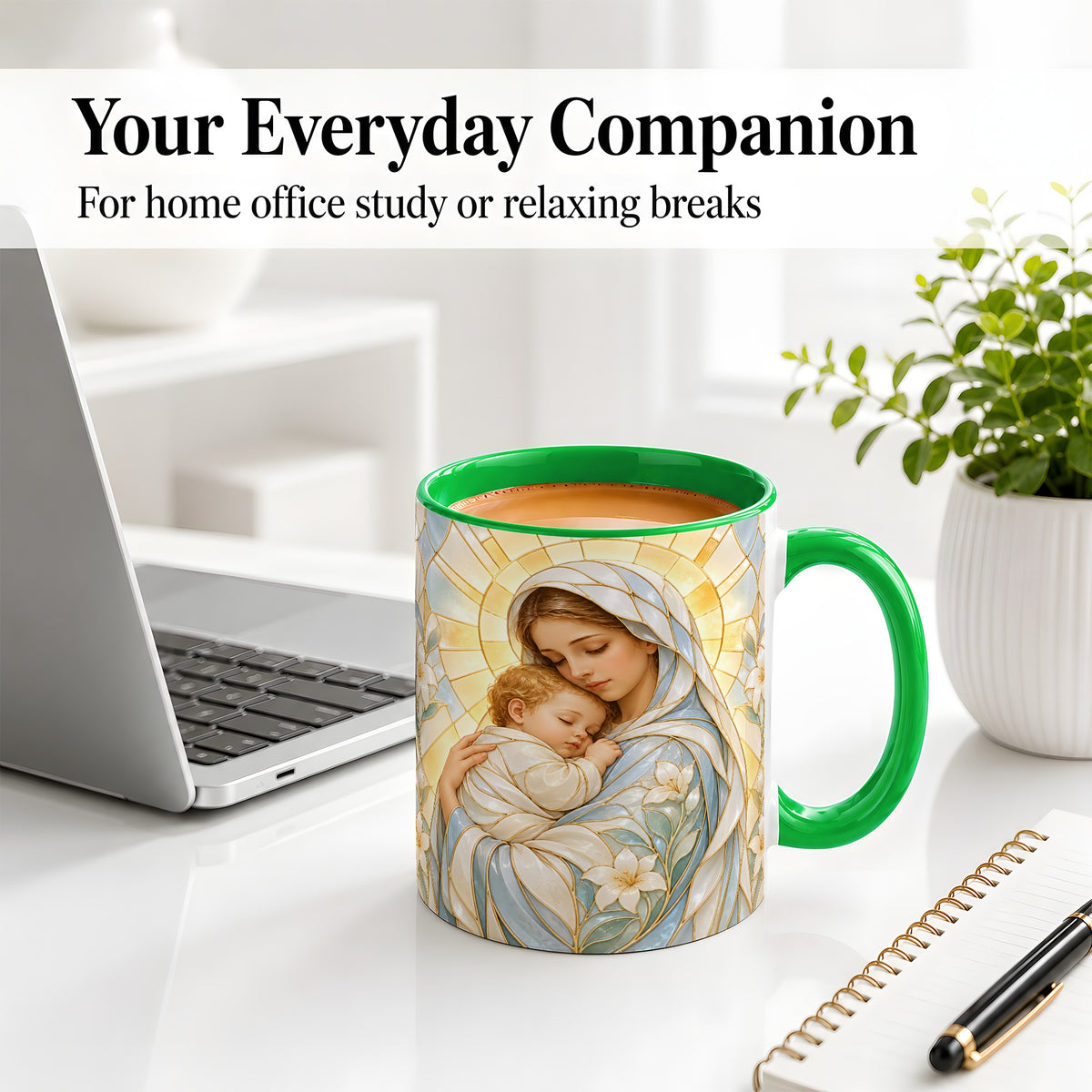 #pl[11oz|Green] Stained Glass Style Mary Ceramic Mug with Floral Faith Art